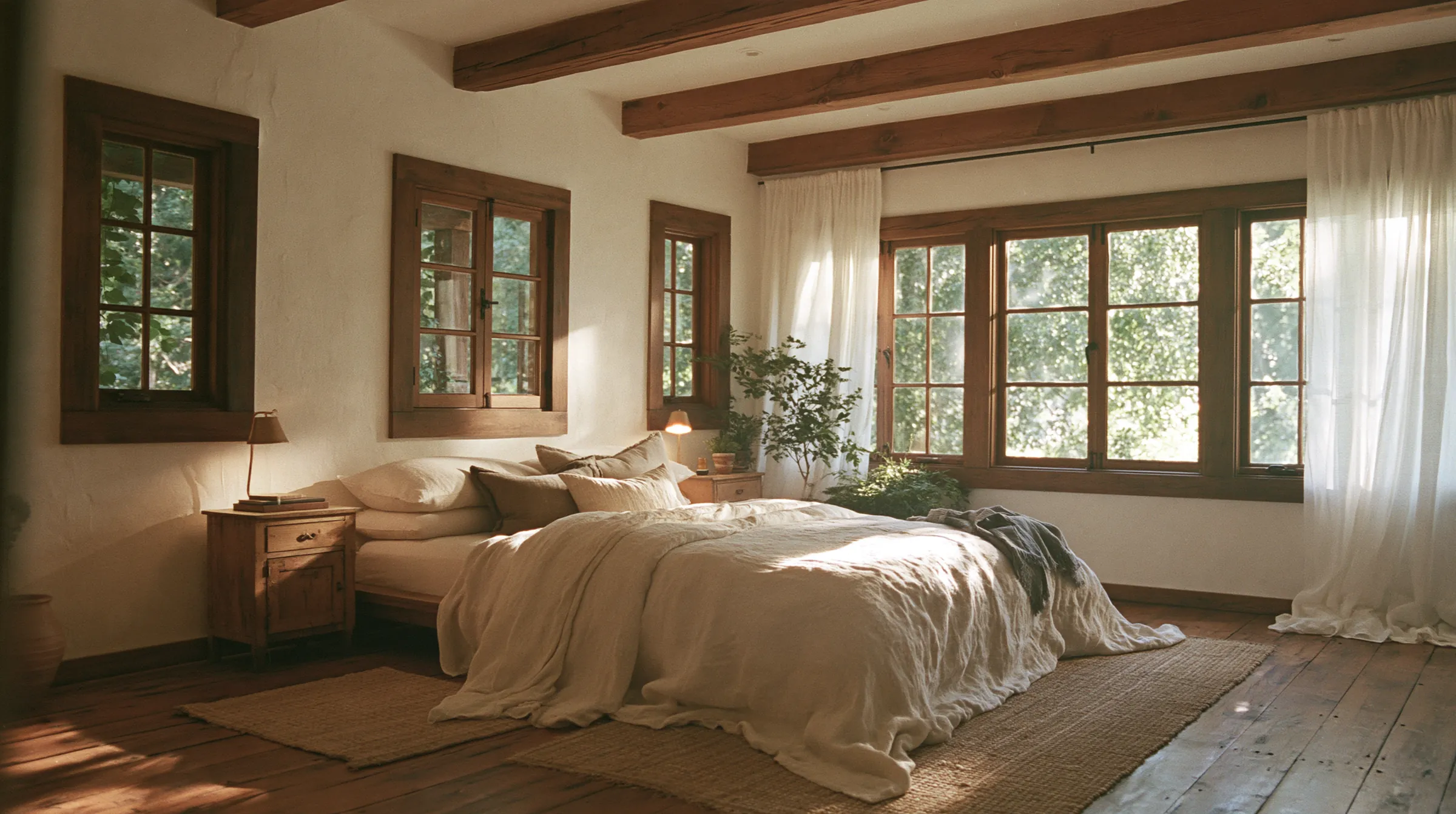 Morning sun through tall timber windows onto a linen bed under wooden beams